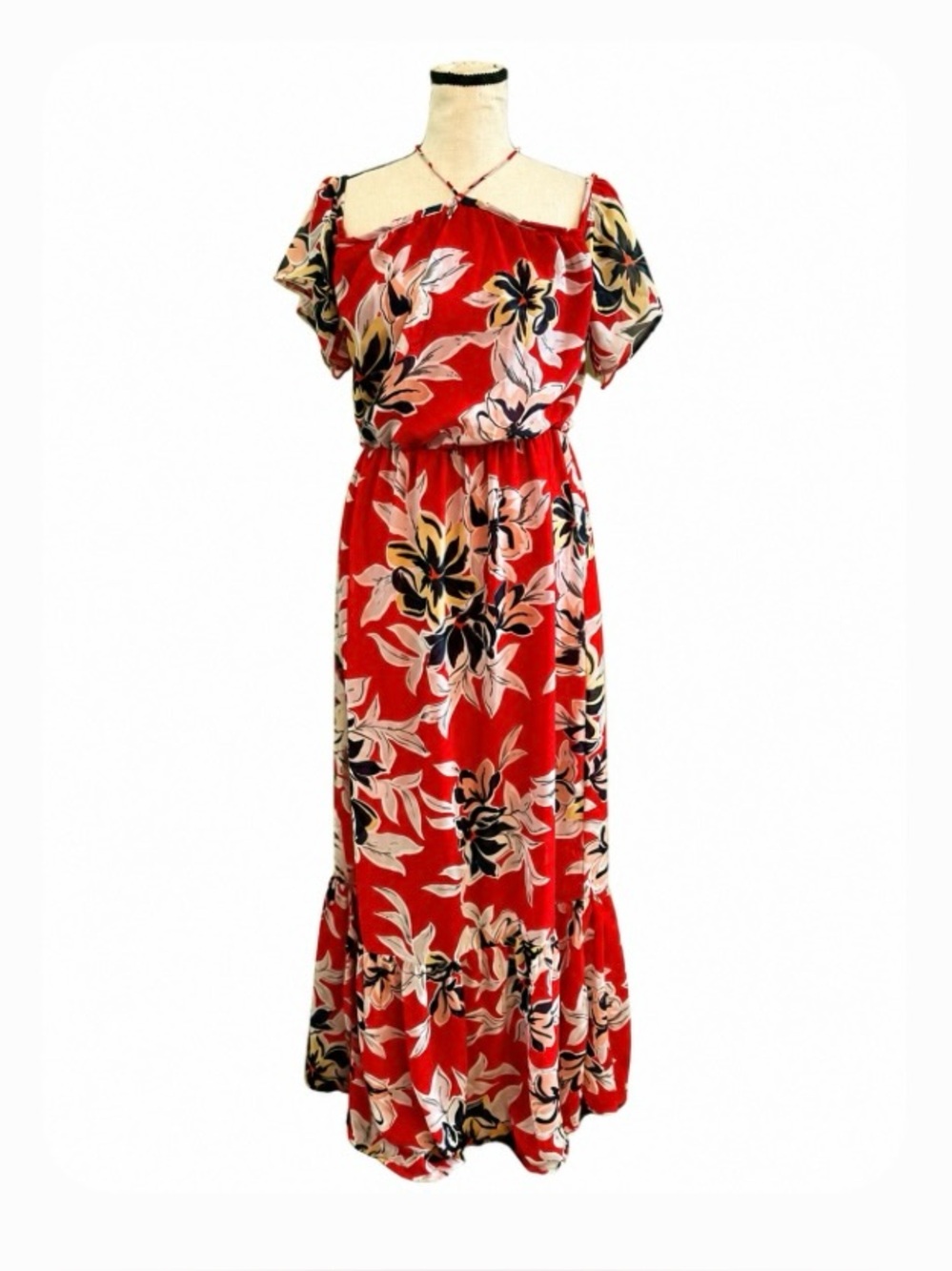 Japna Red Floral Maxi Dress Off Shoulder Tie Neck Boho Size Medium